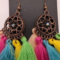 Handmade Rainbow Fringe Boho Embellished Circle Top Earrings Hook 3″ NEW