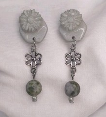 Handcrafted Polymer Clay Resin Silver Stud Dangle Pearl White Floral Earrings