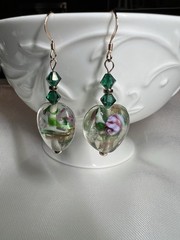 Artisan Dangle Earrings Lamp Work Green Hearts/Rose Gold Filled Ear Wires OOAK