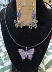 Butterfly Jewelry Set Necklace & Earrings Purple Glass Silver Tone Bohemian
