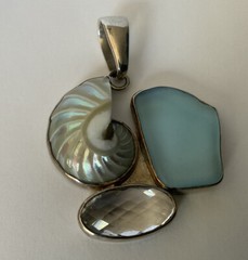 Charles Albert Sterling Silver Nautilus Shell Sea Glass Facetted Crystal Pendant