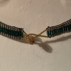 Handcrafted Beaded Fringe Necklace Green Blue Gold Glass Beads Beaded Loop 14″