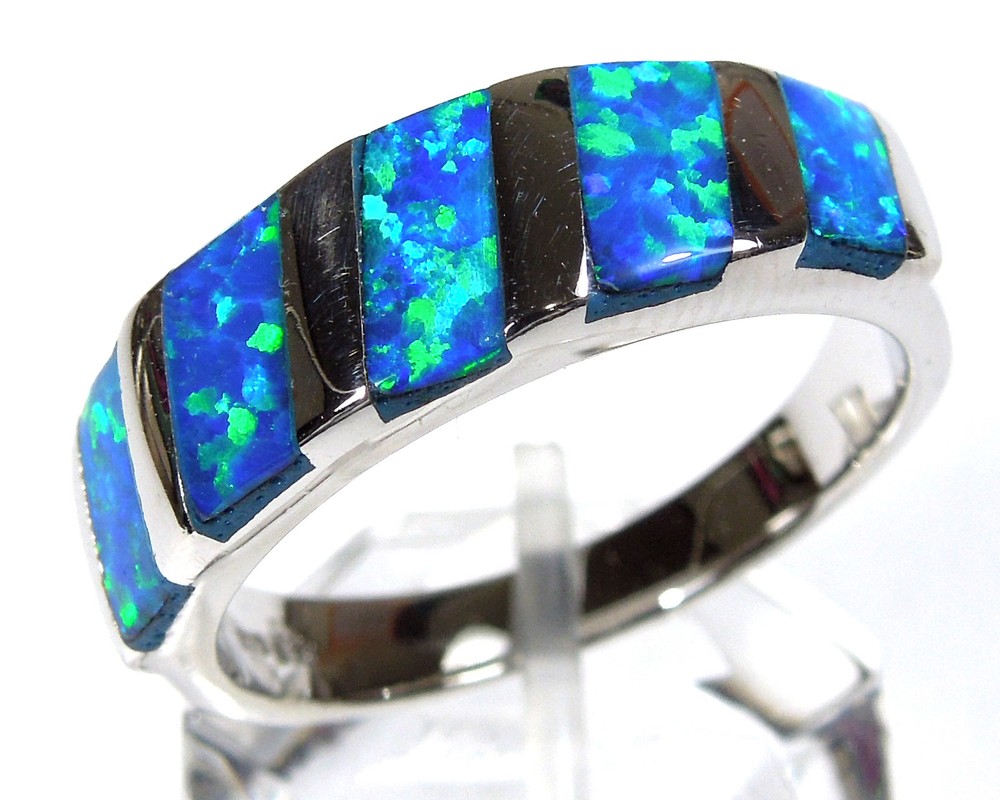 Quality Blue Fire Opal Inlay Solid .925 Sterling Silver Band Ring size 6 7 8 9