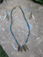Handmade Jewelry Necklace, glass beads w/ metal leaves and matching earrings