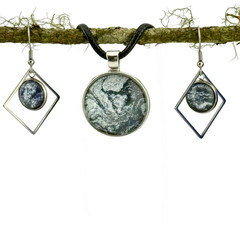 Pendant Necklace & Earring Set Handmade «Frosty Weather» Silver Bezel Black Cord