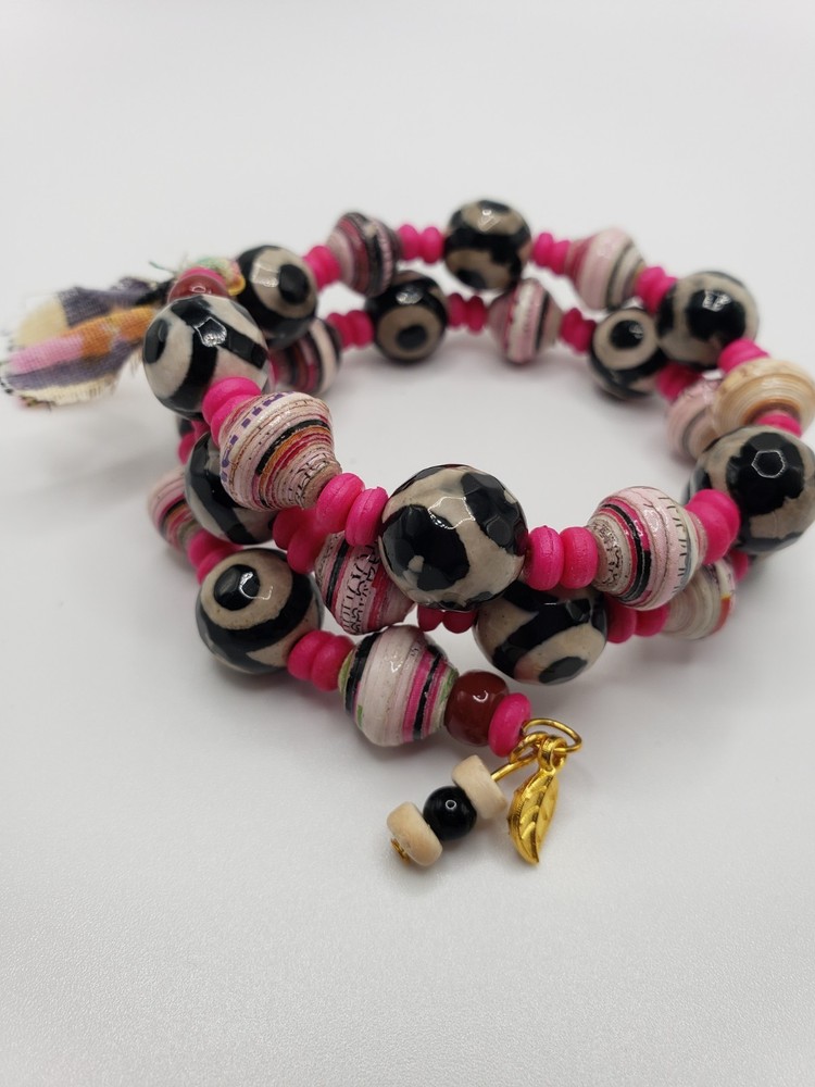 Handmade One Of A Kind Mixed Media Glass Paper & Shell Bracelet Unique Boho Vibe