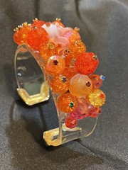 Handmade Orange Crackled Glass Beaded Acrylic Cuff Bracelet w/Rhinestone Accents
