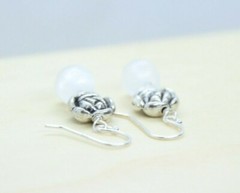 Selenite Earrings White 8mm Ball Gemstone .925 Sterling Silver 1 1/4″ Rose bud
