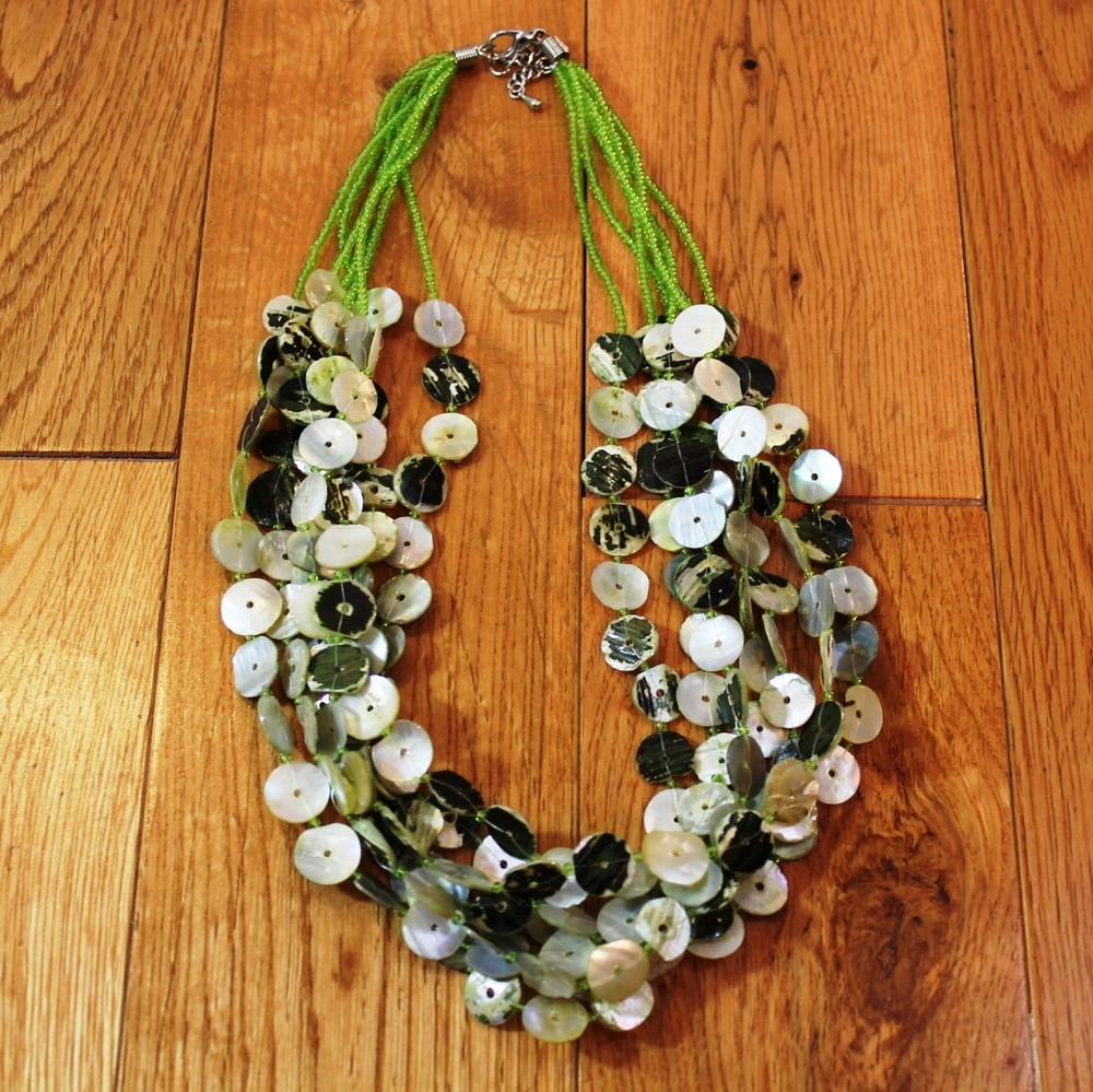 Green Cluster Shell Necklace 21″ to 23″ Adjustable length 7 strand seed beads