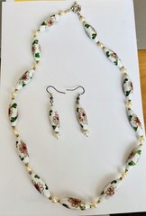 Cloisonne Asian Enamel Floral Necklace (19″) and Dangle Earrings (1-3/4″)