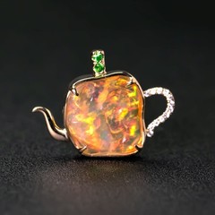 Teapot Mexican Fire Opal & Diamond, Tsavorite Pendant Necklace 18K Yellow Gold