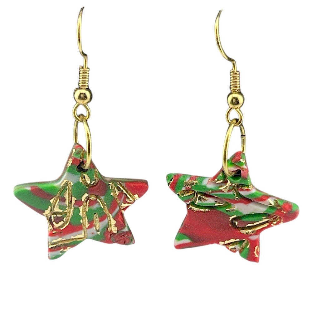 Handmade Polymer Clay 1.75in Christmas Multicolor Star Shape Dangle Earrings