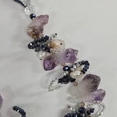 ROUGH AMETHYST CRYSTALS FRESHWATER PEARLS NECKLACE WITH MAGNET CLOSURE (19.5 in)