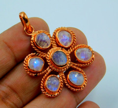 Handcrafted Copper Designer Retro Chakra Pendant Rose Cut Rainbow Moonstone Gems