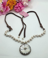 Carol Su Mother of Pearl Flower Pendant Pearl Leather Necklace 32” Adj. Slider