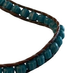 Blue Striped Bead Bracelet Brown Leather Wrap Anklet Unisex Loop Button Closure