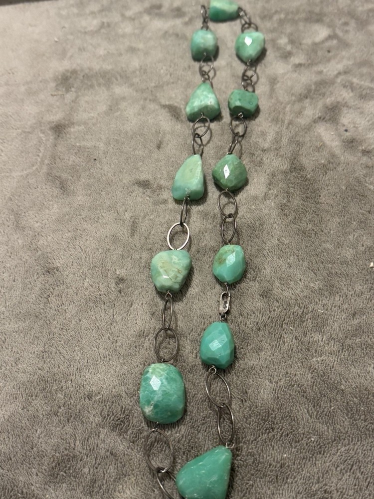 30”Green Chalcedony Nugget Beads &Silver Links necklace W/silver Lobster Clasp.
