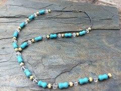 Handmade Y Necklace Turquoise and Yellow Magnesite with Clear Glass Black Metal