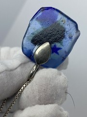 Avon Dichroic Fused Art Glass Blue Floral Square Pendant Necklace 925 Chain