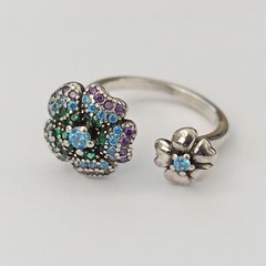 PANDORA Ring Silver Split Shank Flowers Sterling 925 Modernist Purple Blue 6.5