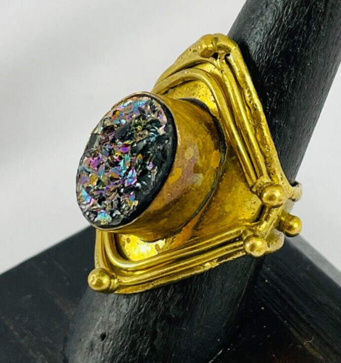 Artisan Brass Carnival Glass Druzy Bypass Ring Size 8.5