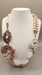 Artisan Upcycled Mixed Media Necklace Chunky Pearl Ribbon Flower Octopus 24 In