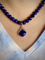 Handmad Blue Pendant Necklace & Bracelet Set, Agate on Lapis Lazuli, SS925 Clasp