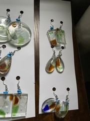 3 Pairs Resin Multicolor Beach Glass Silver Plated Dangle Lobe Earrings w Beads