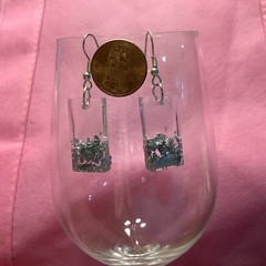 GLITTERING CHUNKS OF SILVER in CLEAR BAR TEAR DIAMOND SHAPES Dangle Earrings