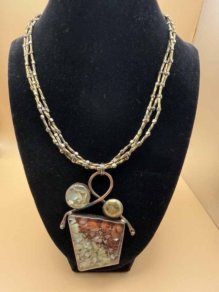Handcrafted Statement Pendant Necklace Multicolor Stones Bar Link Chain