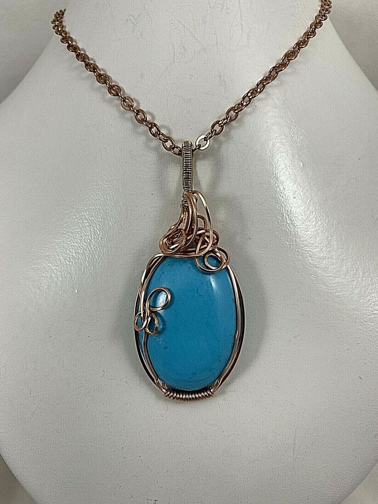 Handmade Copper Wire Wrapped Turquoise 1 1/3 x 2 3/4 Oval Pendant 18″ Chain #219