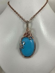 Handmade Copper Wire Wrapped Turquoise 1 1/3 x 2 3/4 Oval Pendant 18″ Chain #219