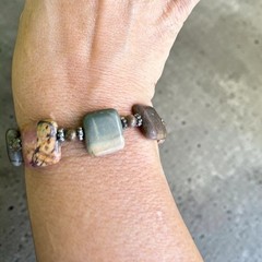 Vintage Jasper Stone Bracelet Earthy Square Beads W/ Toggle Clasp Handmade 7.5”