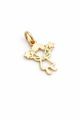 Two Stars Girl Pendant Necklace 14k Solid Yellow Gold Dainty CZ Charm 17mm