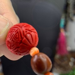 Boho Artisan Choker – Carved Cinnabar, Wood & Jade Green Glass