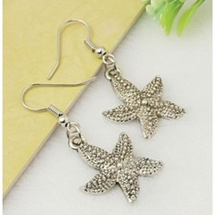 Antiqued Silver Pewter Puffed Dotted Starfish Dangle Earrings