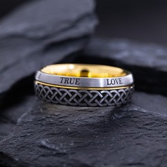 Yellow Gold Plated Tungsten 8mm Ring with Celtic Style Knot and Love Engraving