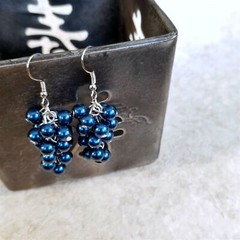 Handcrafted Blue Glass Pearl Beads Grape Cluster Cascade Earrings