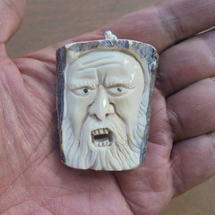 Mountain Man Wizard Carved Bone Pendant from Deer Antler with Plated Silver Bale