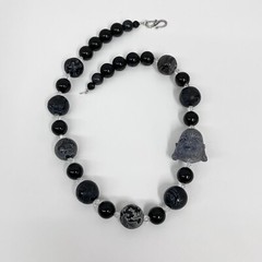 OOAK Oriental Buddha Onyx Dragon Stone Crystal Necklace 191 Grams 23 1/4″ Long
