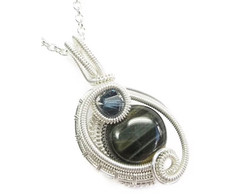 Handcrafted Blue Tiger Eye Necklace: Sterling Silver Wire-Wrap w Swarovski Cryst