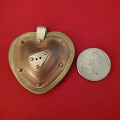 Mixed Metal Puffy Heart, Steampunk, Brutalist Pendant Artist Signed 2″ EUC