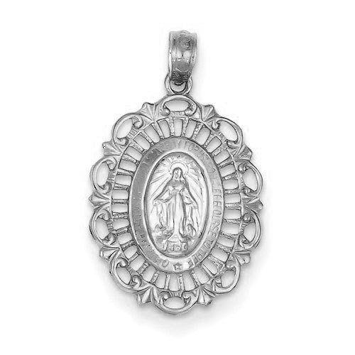 3D Oval Miraculous Medal Filigree Charm Pendant Solid Real 14K White Gold