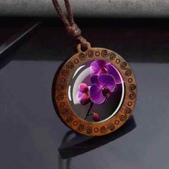 Flower Lovers Round Wooden Glass Pendant Necklaces Jewelry