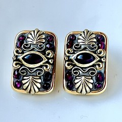 Designer Michal Golan Garnet Clip On Earrings Eye Revival Gold Tone Signed