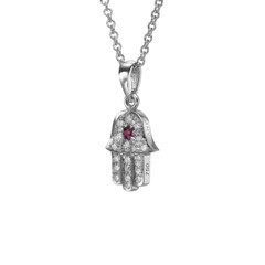 Hamsa Hand Pendant with Ruby and Diamond Encrusted 18k White Gold Jewish Jewelry
