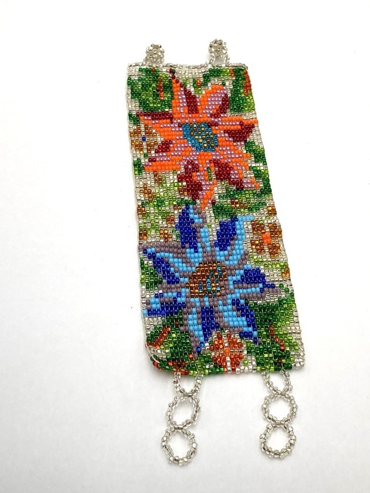 Beaded Cuff Bracelet Wide Artisan Handmade Flowers