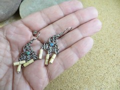 Vintage Teal Enamel & Tan Beads Silver-tone Chandelier Wire Hook Earrings #232
