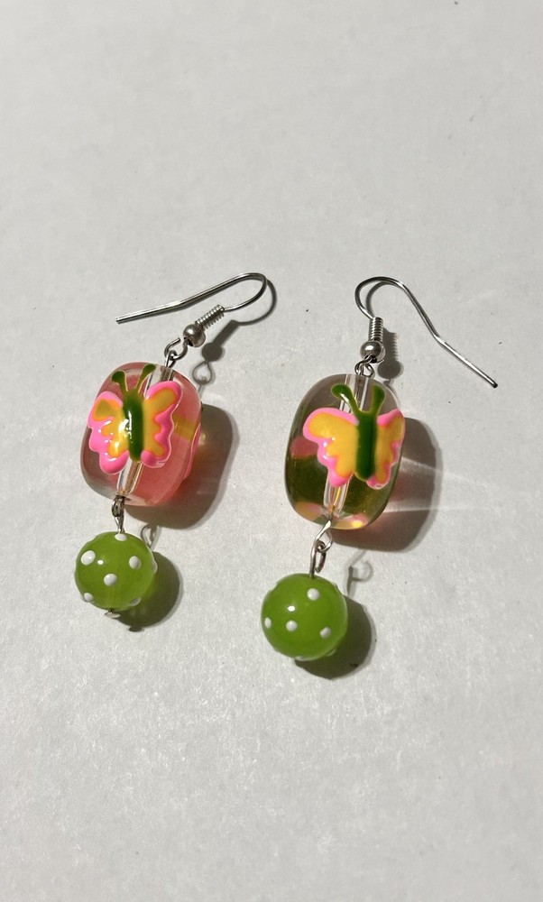 Handmade Lampwork Glass Colorful Butterfly & Green PolkaDot Bead Dangle Earrings
