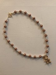 Gold Tone Cute Teddy Bear Pendant Beaded Necklace White Brown Faux Pearls 19”